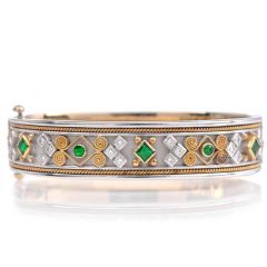 Estate Diamond Emerald 18K Gold Statement Cuff Bracelet-Dover Jewelry