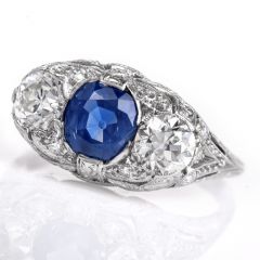 Vintage Kashmir Sapphire Diamond Platinum Three Stone Engagement Ring|DoverJewelry|
