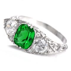 Vintage GIA No Oil Colombian Emerald Diamond Platinum Engagement Ring|Dover Jewelry|