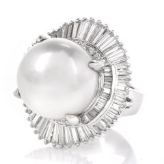 Estate South-Sea Pearl Platinum baguette diamond cocktail Ring