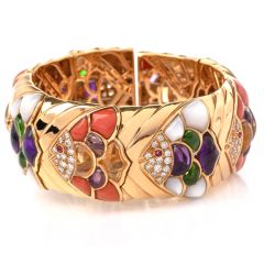 1980's Naturalia Fish Coral Amethyst Diamond 18k wide Cuff Bracelet