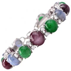 Vintage GIA Certified Sapphire Ruby Emerald Diamond Platinum Bracelet 42.65 Gr