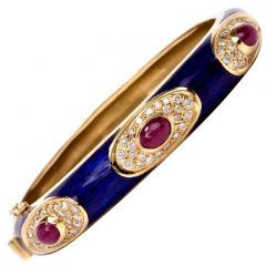 Estate Blue Enamel Ruby Diamond 18K Gold Bangle Bracelet