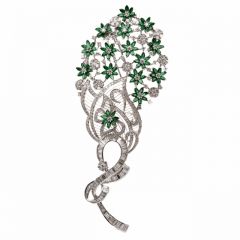 Large Peacock Emerald Diamond 18K Gold Floral Spray Brooch 17.85 carats