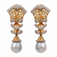 Buccellati Vintage Diamond Pearl 18K Gold Drop Earrings-Dover Jewelry