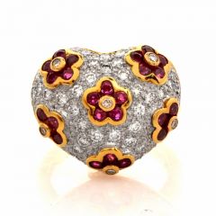 Vintage 2.57ct Ruby Pave Diamond 18K Yellow Gold Heart Motif Cocktail Ring