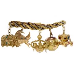 Vintage Handmade Charms 18k Yellow Gold Thick Rope Bracelet