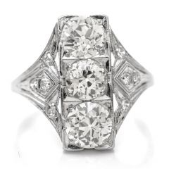 GIA Antique Old European Diamond Platinum Three Stone Filigree Engagement Ring