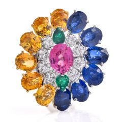 Estate Sapphire 8.70cts Diamond Platinum 18K Gold Floral Cluster Cocktail Ring|Dover Jewelry|