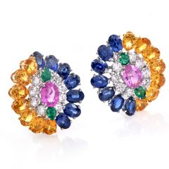 Sapphire Diamond Emerald Platinum 18K Gold Floral Cluster Statement Earrings|Dover Jewelry|