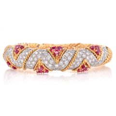 Vintage Diamond 6.55cts Ruby 18K Gold Zig Zag Textured Bangle  Bracelet|Dover Jewerly|