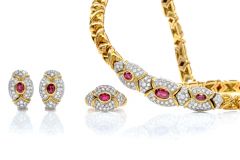 Italian Suite Diamond Ruby 18K Gold Earrings Ring Collar Necklace Set