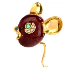 Frascarolo Vintage Mouse Diamond Emerald Enamel 18K Gold Pin Brooch