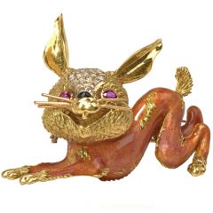 Designer Diamond Ruby Enamel Rabbit 18K Gold Brooch Pin 