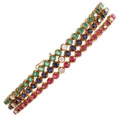 Vintage 3 Strand DIamond Emerald Sapphire Ruby 18K Line Bracelet