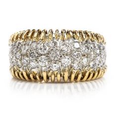 
Vintage Diamond 18K Gold Cluster Textured Wide Band Ring 
