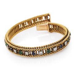 Vintage Retro Diamond Sapphire Emerald 18K Gold Chain Link Bracelet 