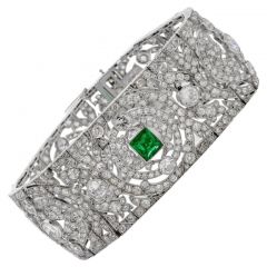 Vintage Art Deco European Diamond Emerald Platinum Wide Filigree Bracelet 