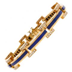 Estate 1980's Blue Lapis Diamond 18k Yellow Gold Link Bracelet 