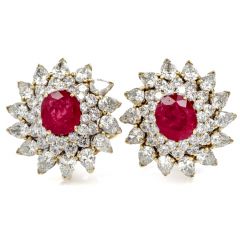 Vintage Diamond 12.78cts Ruby 18K Yellow Gold Flower Clip On  Stud Earrings
