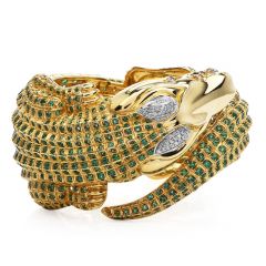 Estate Italian Emerald Diamond 18k Gold Alligator Cuff  Bangle Bracelet 