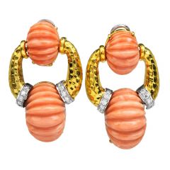 TRIO Vintage Carved Coral Diamond 18K Gold Door Knocker Clip On Earrings