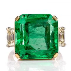 Natural GIA 19.89cts Emerald 3 Stone Platinum Gold Cocktail Ring