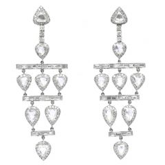 Vintage Rose Cut Diamond 18K White Gold Drop Chandelier Long Earrings