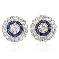 Vintage Art Deco DIamond Sapphire Platinum Halo Studs