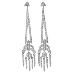 Vintage Old Cut Diamond Platinum Gold Long Chandelier Geometric Earrings