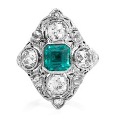 Antique Art Deco Diamond Emerald Platinum Filigree Navette Cocktail Ring 
