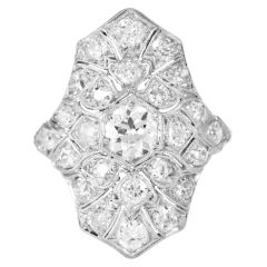Antique Art Deco Old European Cut Diamond Platinum Navette Ring 