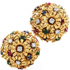 Diamond Ruby Sapphire Emerald 18K Gold 1960s Floral Clip On Earrings