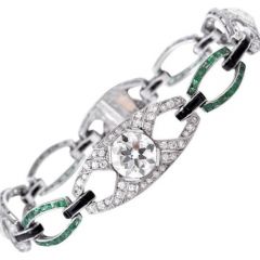 Antique Art Deco Diamond Emerald Onyx Platinum Link Bracelet