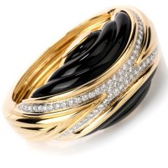 Estate Diamond Onyx 18K Gold Large Wide Bangle Bracelet