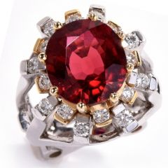 Estate GIA Orange Red Tourmaline & Diamond 18k Gold Cocktail Ring