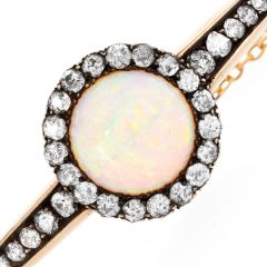 Antique Victorian Opal Diamond 14K Gold Halo Bangle Bracelet  