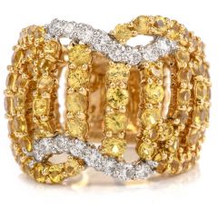 Estate Diamond Yellow Sapphire 18K Gold Wide Cocktail Ring