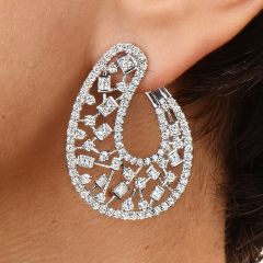Estate Diamond 18K White Gold Open Style Hoop Earrings