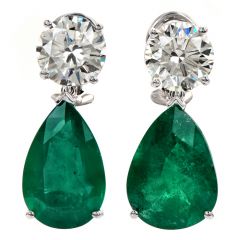 18.13cts Diamond & Emerald 18K White Gold Clip Dangle Drop Earrings