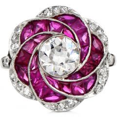 Estate Old European Cut Diamond Ruby Platinum Rose Flower Spiral Cocktail Engagement Ring