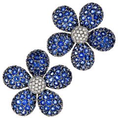 Estate Diamond Vivid Blue Sapphire 18K White Gold Spring Flower Clip On Earrings