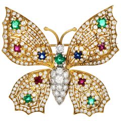 Vintage Ruby Sapphire Emerald Diamond 18K Gold Platinum Butterfly  Brooch Pin