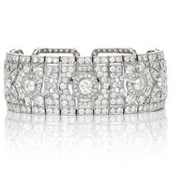Estate  Deco Diamond 18K White Gold Wide Floral Link Bracelet