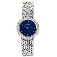 Patek Philippe Round Blue Dial 18K Gold Diamond Ladies Watch