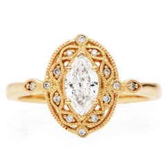 Estate Marquise Cut Diamond Yellow Gold Filigree Halo Engagement Ring
