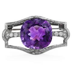 Antique Cushion Amethyst Diamond Platinum Brooch Pin
