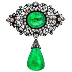 Antique Georgian Minor Oil Colombian Emerald Diamond Silver Gold pendant 