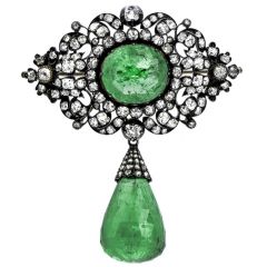 Antique Georgia Large Emerald Diamond Silver Gold pendant 
