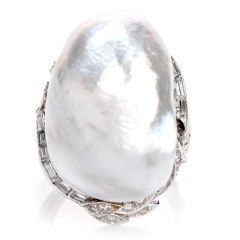 vintage GIA Diamond Baroque White Pearl Platinum Large Cocktail Ring